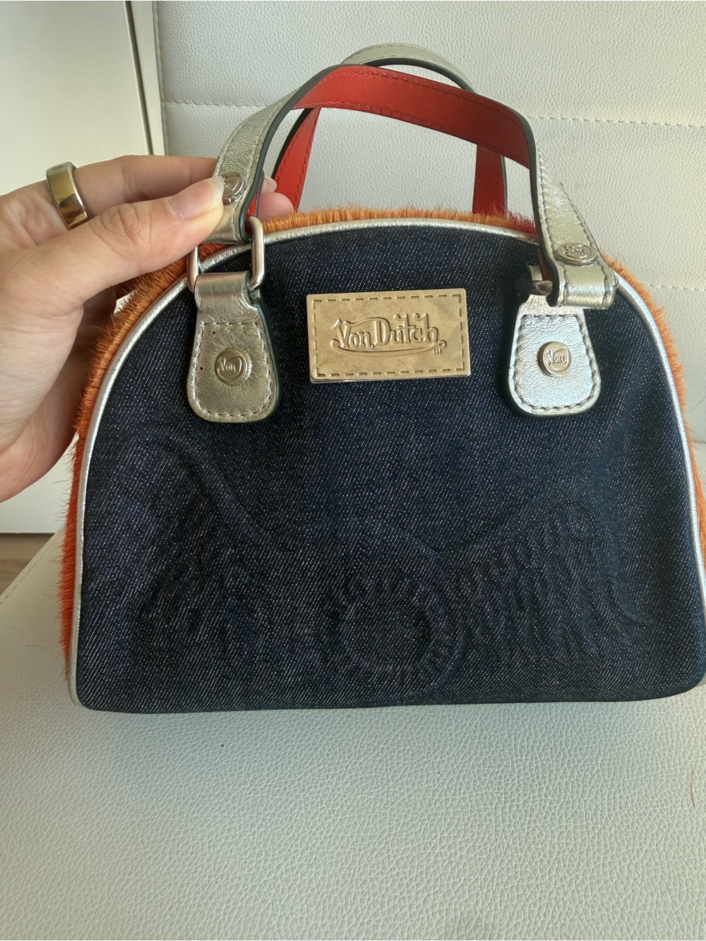 Von Dutch Real Pony Hair Paris Orange Leather Bowling Bag RARE - Picture 3 of 10